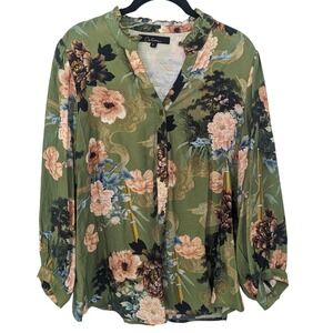 Calessa Blouse Women Large Green Floral Button Down Long Sleeve Tunic Top Mature